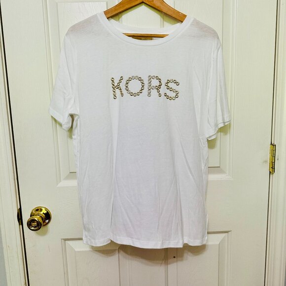 MICHAEL KORS STUDDED "KORS" SHORT SLEEVE CREW NECK WHITE T-SHIRT - Picture 1 of 6